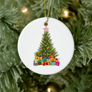 Merry Christmas Tree with Star Presents Holiday Ceramic Ornament