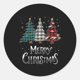 Merry Christmas Tree Xmas Buffalo Plaid Red White Classic Round Sticker