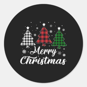 Merry Christmas Tree Xmas Buffalo Plaid Red White Classic Round Sticker