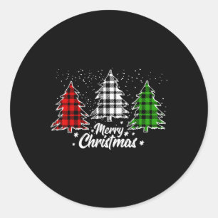 Merry Christmas Tree Xmas Buffalo Plaid Red White  Classic Round Sticker