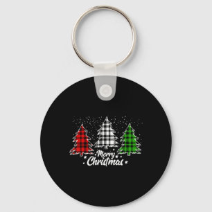 Merry Christmas Tree Xmas Buffalo Plaid Red White Key Ring