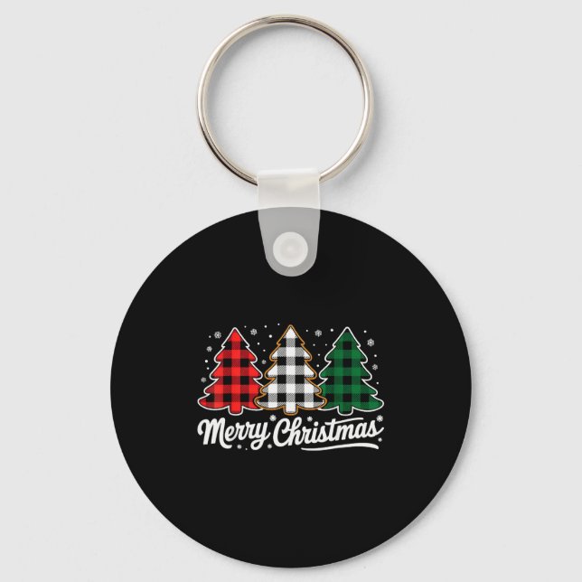 Merry Christmas Tree Xmas Buffalo Plaid Red White  Key Ring (Front)