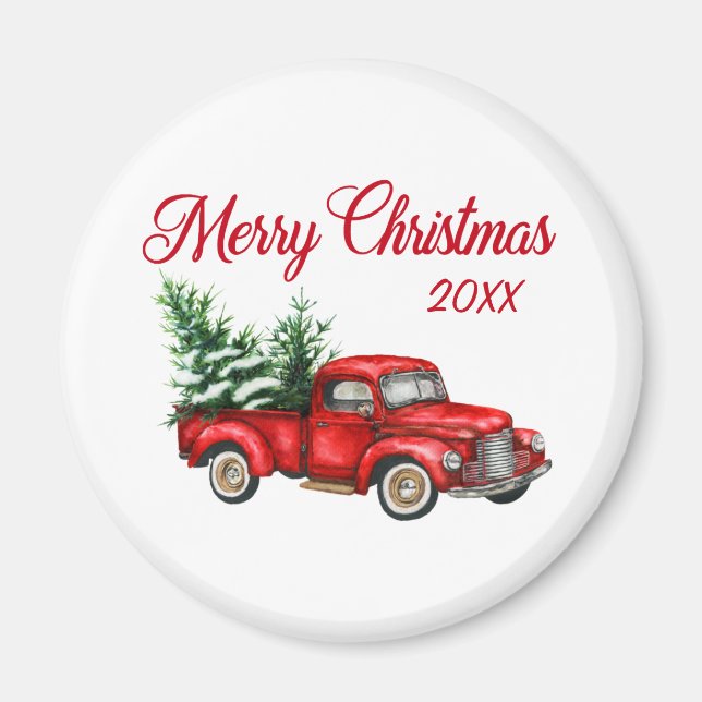 Merry Christmas Tree Year Vintage Red Truck Magnet (Front)