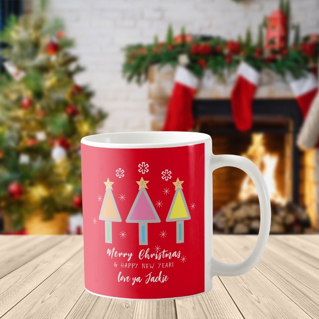 Merry Christmas Trees Artsy Art Name Modern Cool  Coffee Mug (Artsy personalized red Merry Christmas Trees mug.)