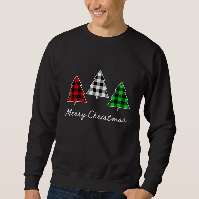 Merry Christmas Trees Buffalo Plaid Xmas Light Vin Sweatshirt (Front)