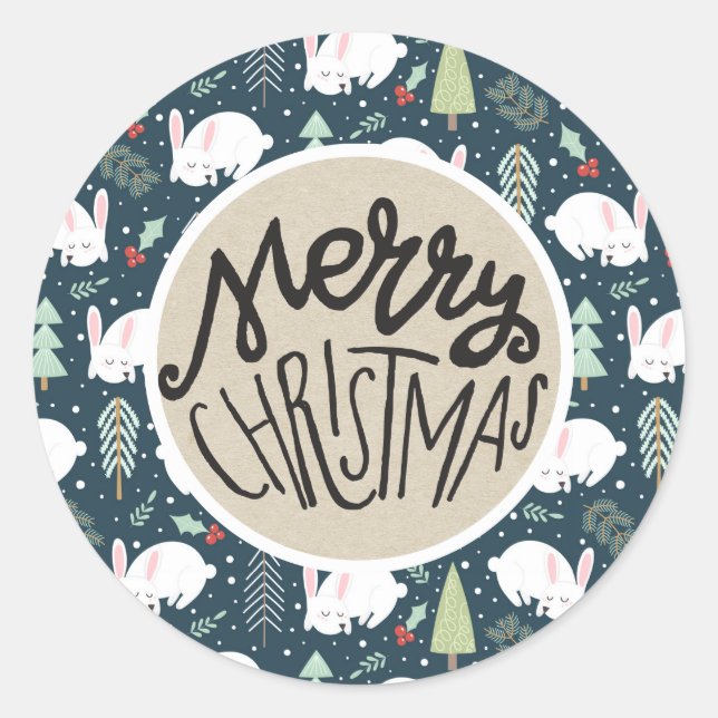 Merry Christmas Trees & Bunny Rustic Holiday Favou Classic Round Sticker (Front)