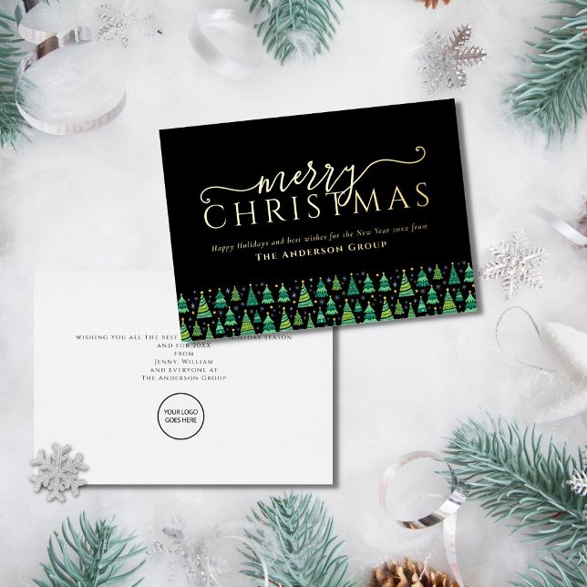 Merry Christmas Trees Business Logo Gold Foil Holi Holiday Card (Creator Uploaded)