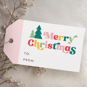 Merry Christmas trees colorful retro font Gift Tags