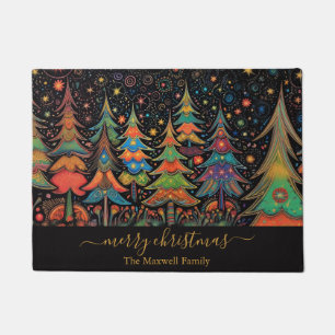 Merry Christmas Trees colourful family name Doormat