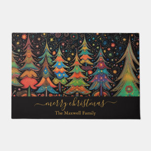 Merry Christmas Trees colourful family name Doormat