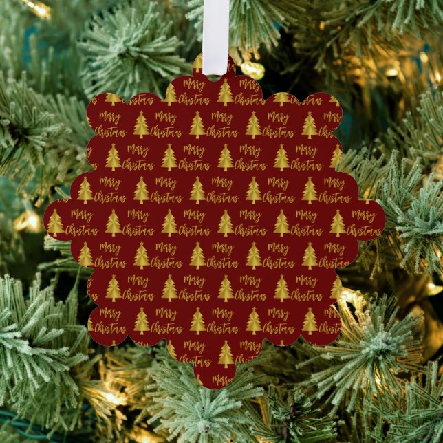 Merry Christmas Trees Deep Red and Gold Script  Tree Decoration Card (Insitu (Tree))