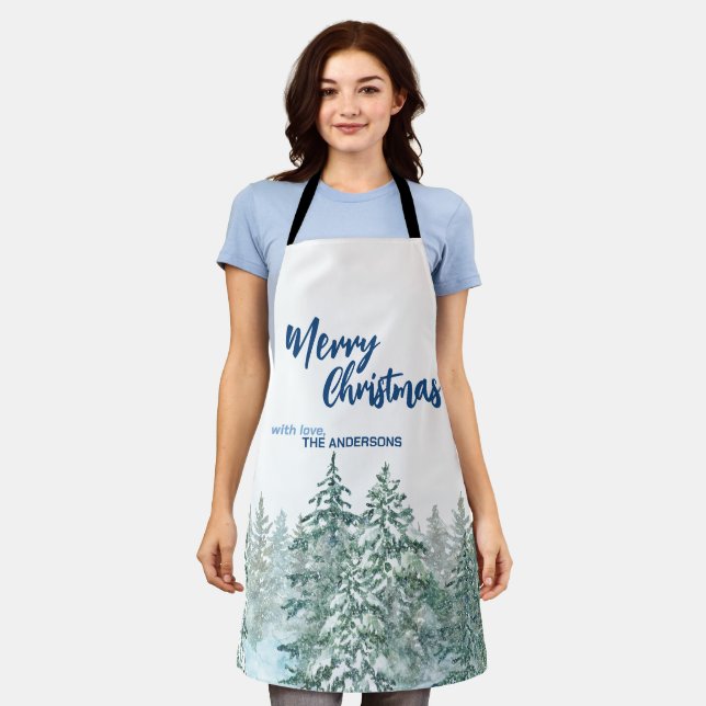 Merry Christmas trees forest Watercolor script Apron (Worn)