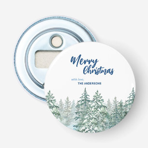 Merry Christmas trees forest Watercolor script Bottle Opener