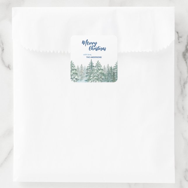 Merry Christmas trees forest Watercolor script Square Sticker (Bag)
