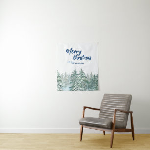 Merry Christmas trees forest Watercolor script Tapestry