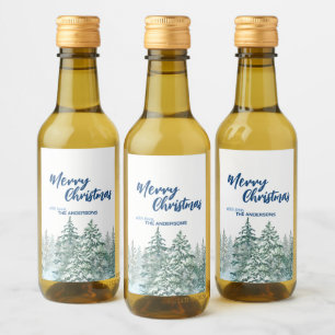 Merry Christmas trees forest Watercolor script Wine Label