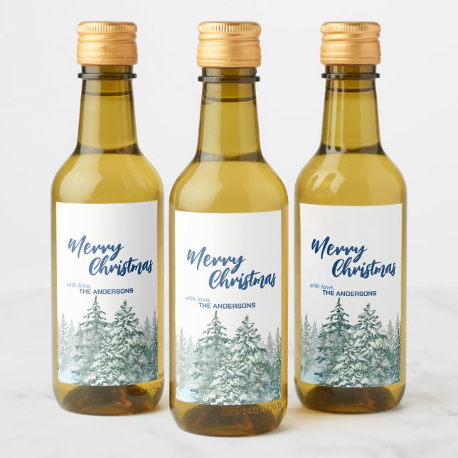Merry Christmas trees forest Watercolor script Wine Label (Bottles)