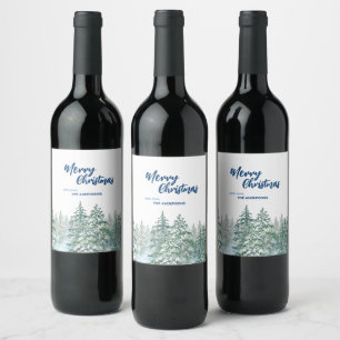 Merry Christmas trees forest Watercolor script Wine Label