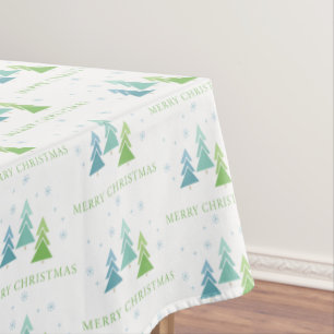 Merry Christmas Trees Green and Teal Holiday Tablecloth