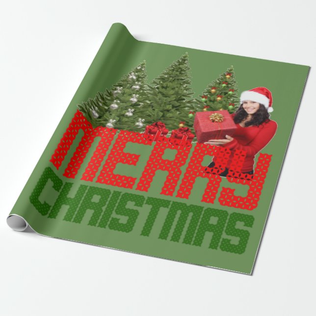Merry Christmas Trees Green Red Gift Wrap Wrapping (Unrolled)
