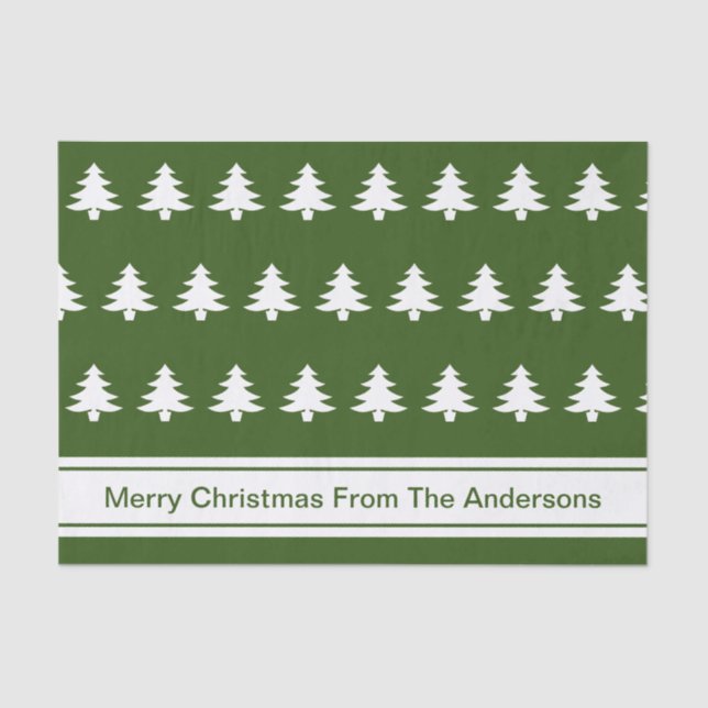 Merry Christmas Trees Green White & Sender's Name Tissue Paper (Front)