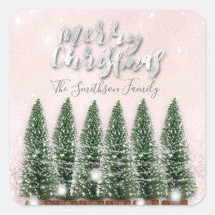 Merry Christmas Trees Lights Pink Glitter Name Square Sticker