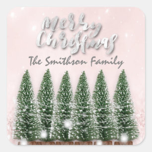 Merry Christmas Trees Lights Pink Glitter Name Square Sticker