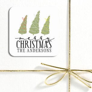 Merry Christmas Trees Modern Script Holidays Square Sticker