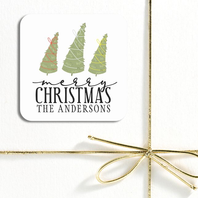 Merry Christmas Trees Modern Script Holidays Square Sticker (Creator Uploaded)