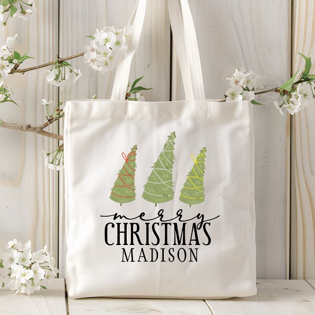 Merry Christmas Trees Modern Script Holidays Tote Bag (Creator Uploaded)