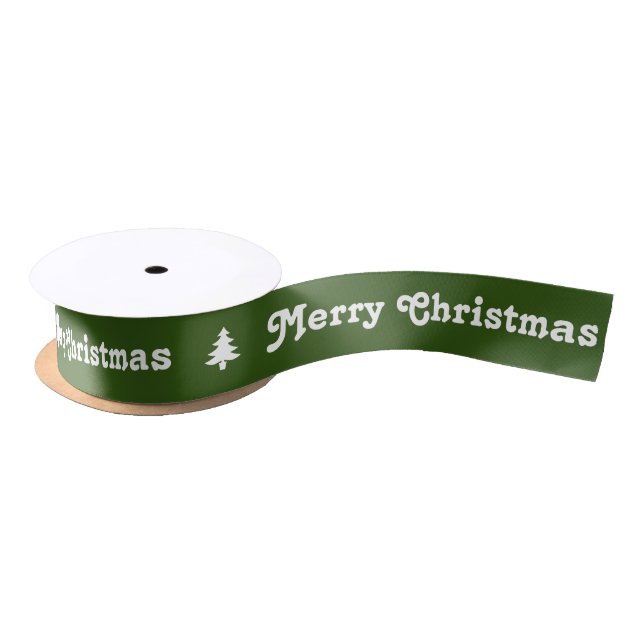 Merry Christmas Trees Pattern Dark Green and White Satin Ribbon (Spool)