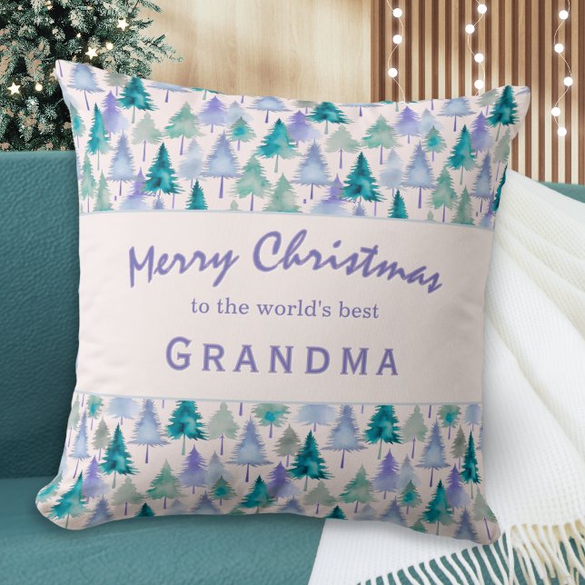 Merry Christmas Trees Pattern Grandma Holiday Cushion (A festive pillow with Christmas trees pattern in lilac and green, for the 'World's Best Grandma')