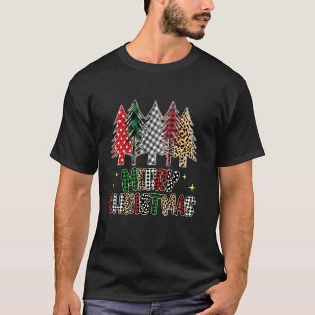 Merry Christmas Trees Pine Buffalo Plaid With Leop T-Shirt (Front)