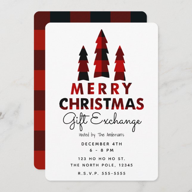 Merry Christmas Trees Plaid Holiday Gift Exchange Invitation (Front/Back)