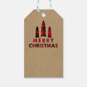 Merry Christmas Trees Plaid Kraft Gift Exchange Tags