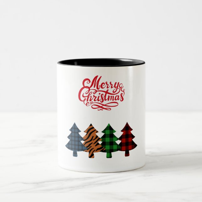 merry christmas trees plaid Two-Tone coffee mug (Center)