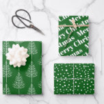 Merry Christmas, trees, polka dots green holiday Wrapping Paper Sheet<br><div class="desc">Merry Christmas,  trees and polka dots  green holiday Wrapping Paper Sheets. The first sheet features white winter trees on green background. The second showcases the text :"Merry Christmas" in bold typogtaphy and the third displays polka dots-snow.</div>