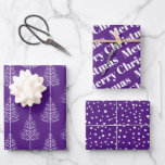 Merry Christmas, trees, polka dots purple holiday Wrapping Paper Sheet<br><div class="desc">Merry Christmas,  trees and polka dots purple holiday Wrapping Paper Sheets. The first sheet features white winter trees on purple background. The second showcases the text :"Merry Christmas" in bold typogtaphy and the third displays polka dots-snow.</div>