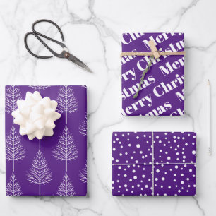 Merry Christmas, trees, polka dots purple holiday Wrapping Paper Sheet