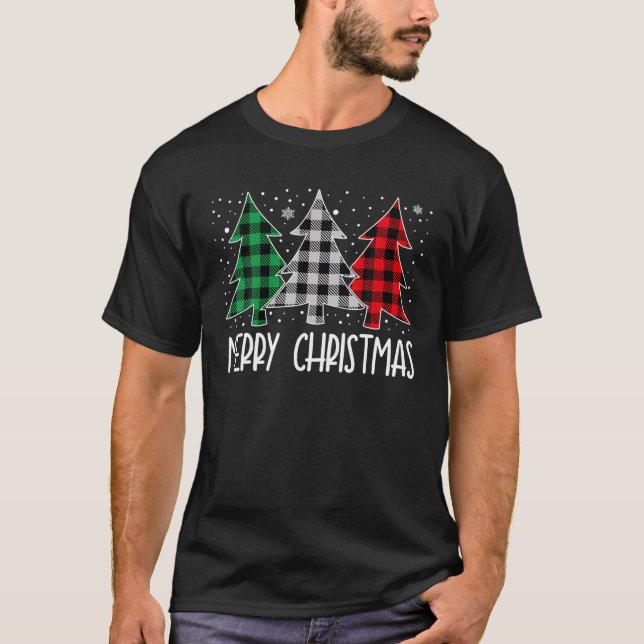 Merry Christmas Trees Red Green Buffalo Plaid T-Shirt (Front)