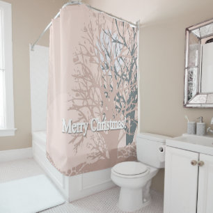 Merry Christmas trees silhouette in blush pink bei Shower Curtain