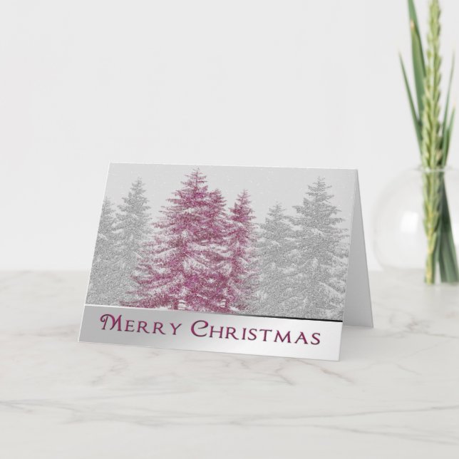 MERRY CHRISTMAS - TREES-SNOW-PINK-SILVER/GRAY HOLIDAY CARD (Front)