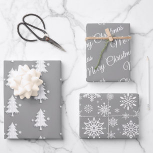 Merry Christmas, Trees, Snowflakes Grey holiday Wrapping Paper Sheet