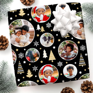 Merry Christmas Trees Snowflakes Photo Black Wrapping Paper
