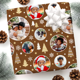Merry Christmas Trees Snowflakes Photo Brown Wrapping Paper