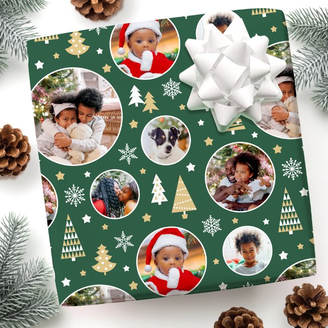 Merry Christmas Trees Snowflakes Photo Green Wrapping Paper (Creator Uploaded)