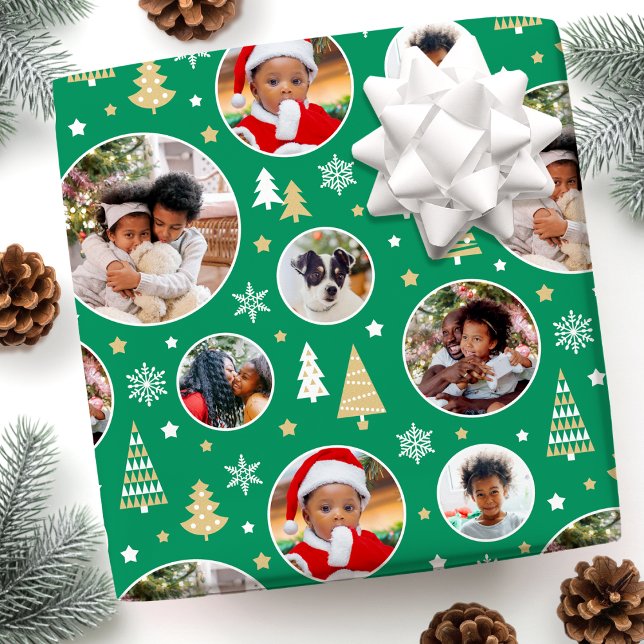 Merry Christmas Trees Snowflakes Photo Mid Green Wrapping Paper (Creator Uploaded)
