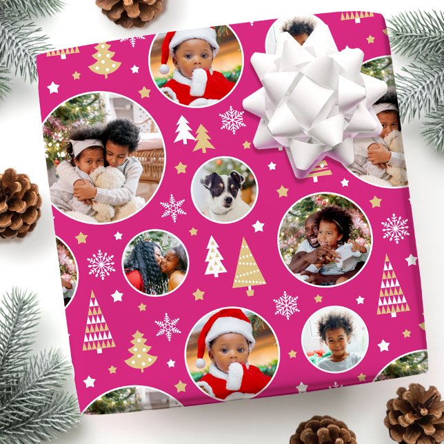 Merry Christmas Trees Snowflakes Photo Pink Wrapping Paper (Creator Uploaded)