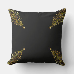 Merry Christmas Trees Stars Black Gold Shiny Chic Cushion
