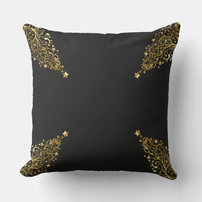 Merry Christmas Trees Stars Black Gold Shiny Chic Cushion (Front)
